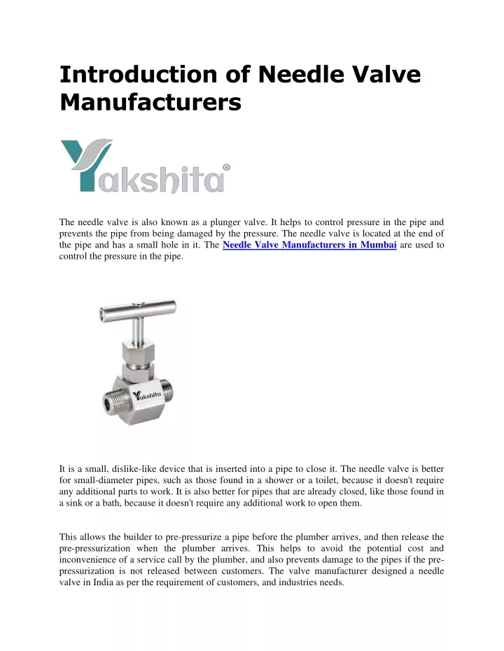 introduction of needle valve manufacturers