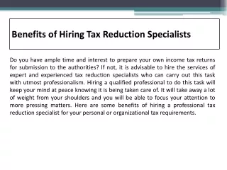 Benefits of Hiring Tax Reduction Specialists