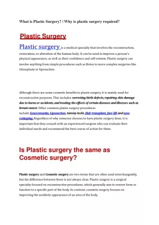 What is Plastic Surgery? | Why is plastic surgery required?