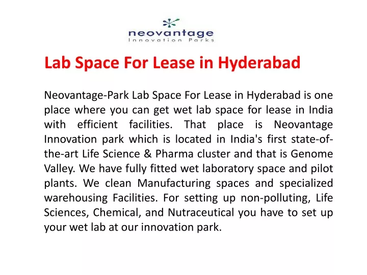 lab space for lease in hyderabad