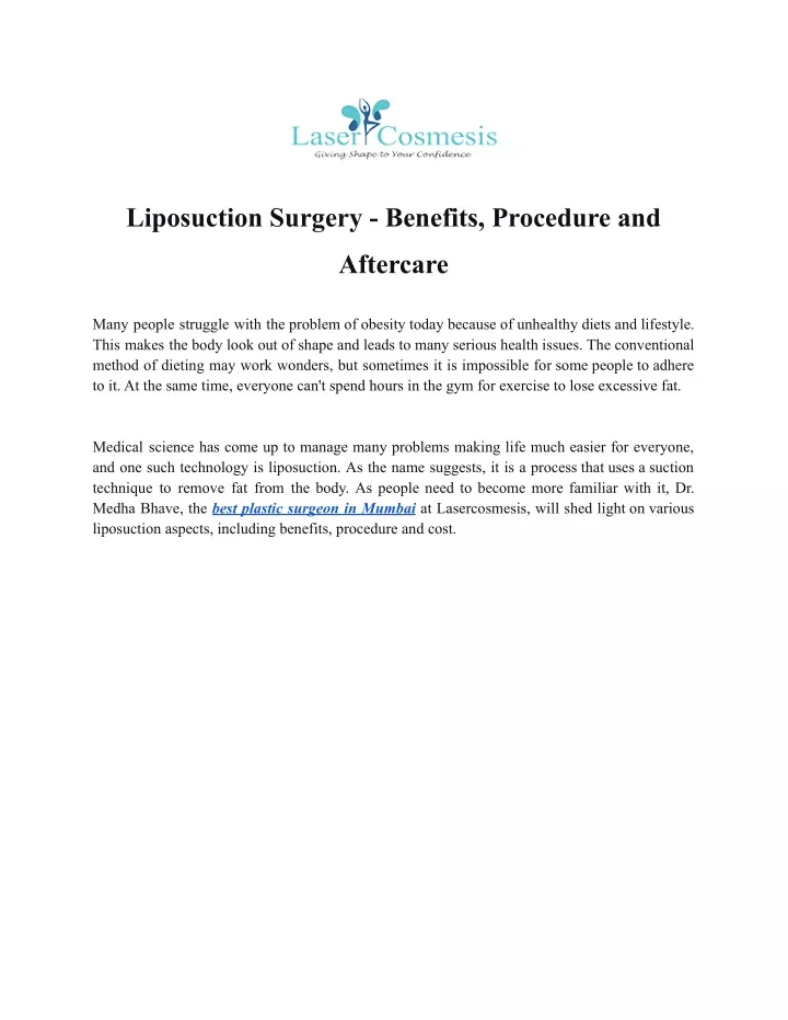 liposuction surgery benefits procedure and