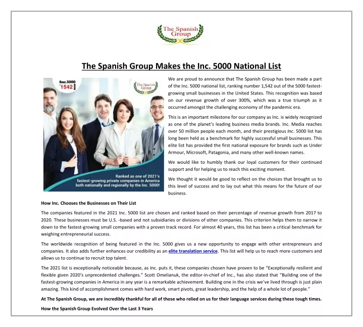 the spanish group makes the inc 5000 national list