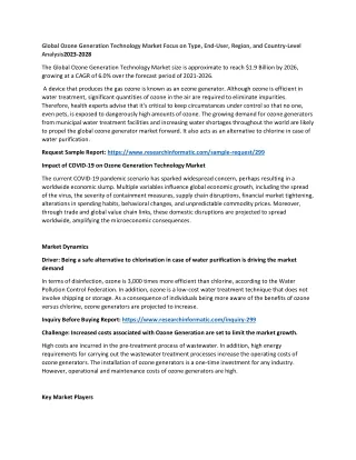 global ozone generation technology market focus