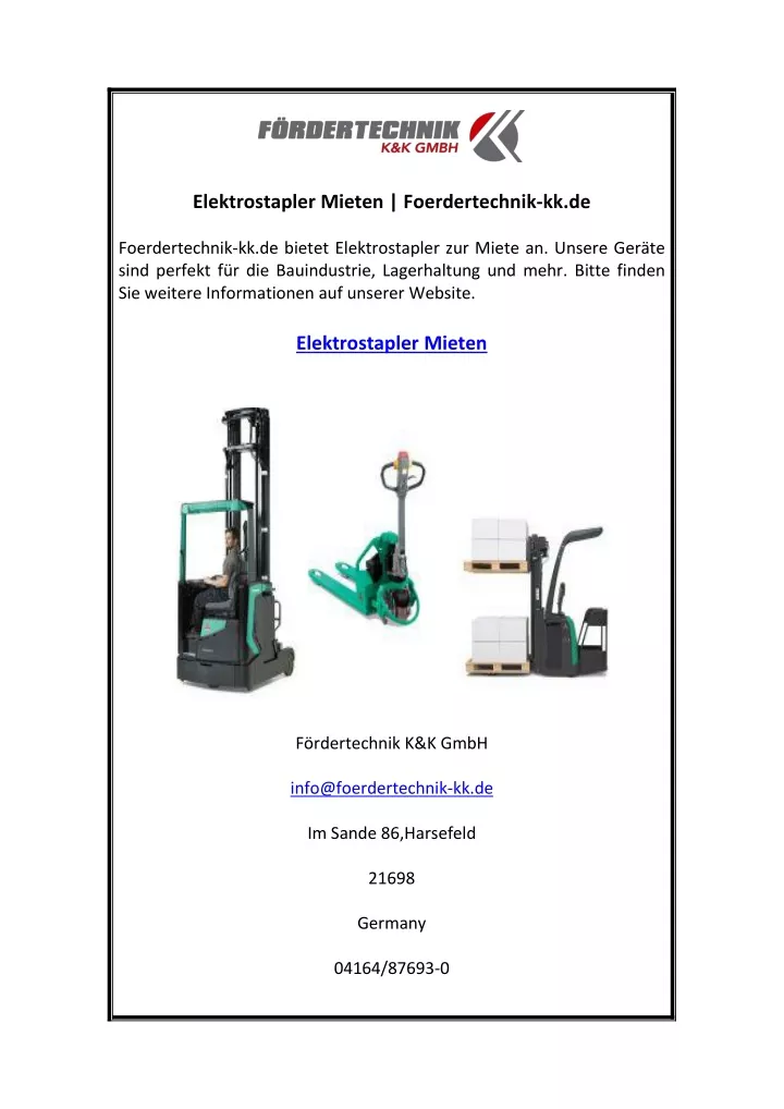 elektrostapler mieten foerdertechnik kk de