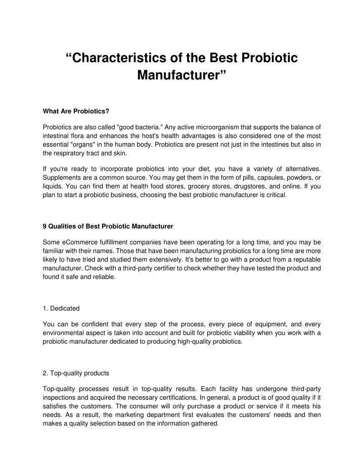 characteristics of the best probiotic manufacturer