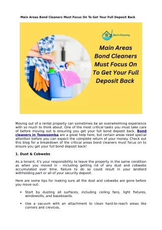 Main Areas Bond Cleaners Must Focus On To Get Your Full Deposit Back