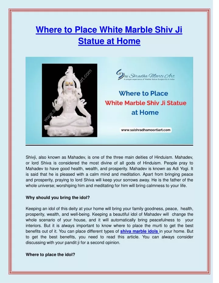 where to place white marble shiv ji statue at home