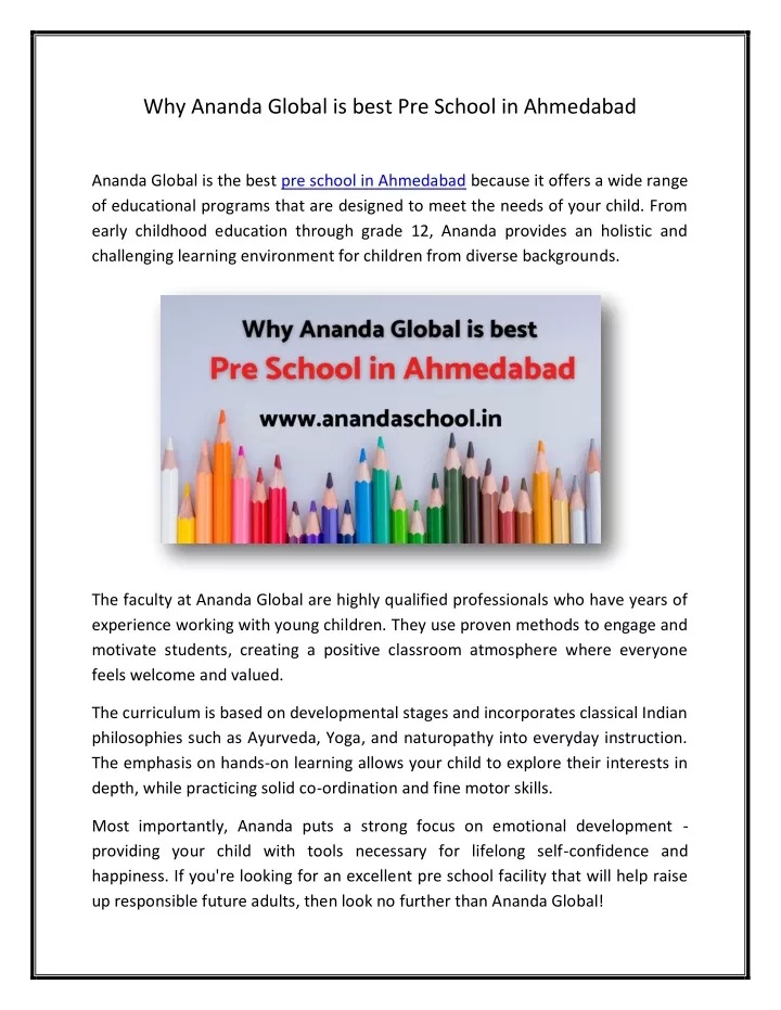 why ananda global is best pre school in ahmedabad
