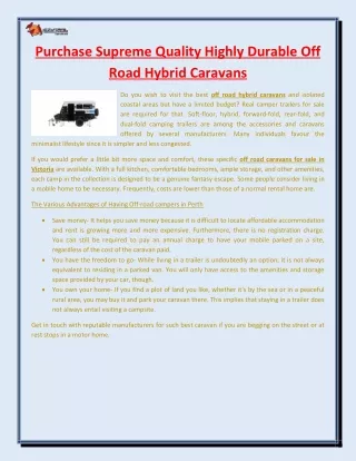 Purchase Supreme Quality Highly Durable Off Road Hybrid Caravans