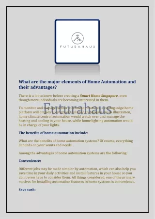 What are the major elements of Home Automation and their advantages?