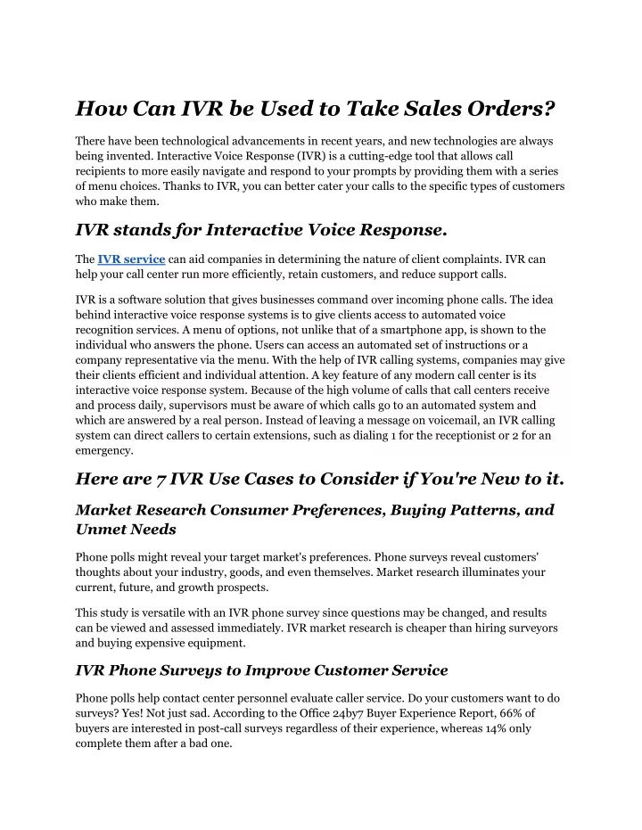 how can ivr be used to take sales orders