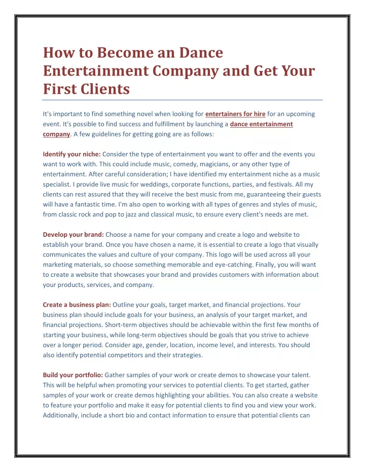 how to become an dance entertainment company