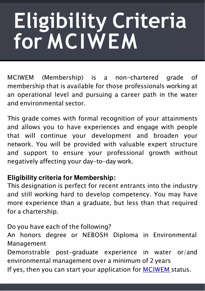 eligibility criteria for mciwem