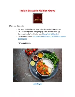 Get up to 20% offer - Indian Brasserie Golden Grove