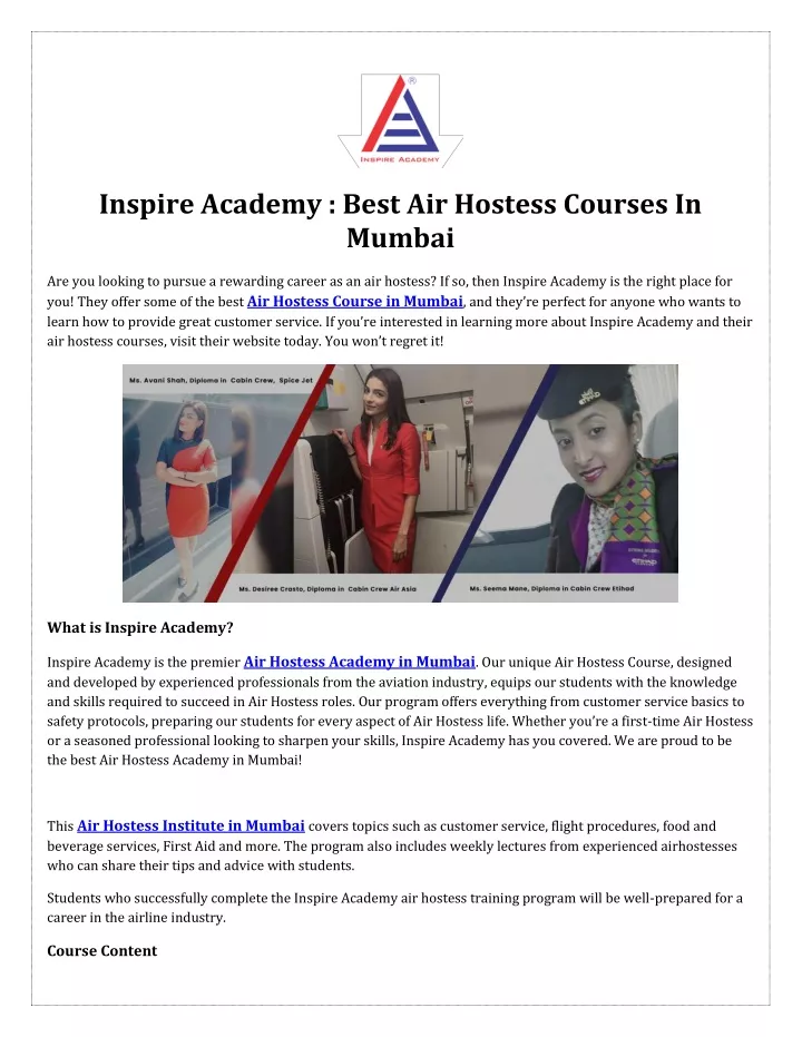 inspire academy best air hostess courses in mumbai