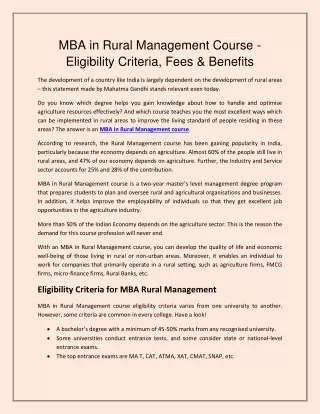 MBA in Rural Management Course - Eligibility Criteria, Fees & Benefits