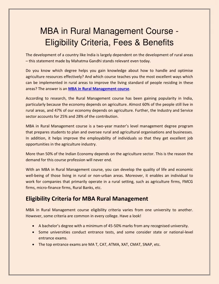 mba in rural management course eligibility
