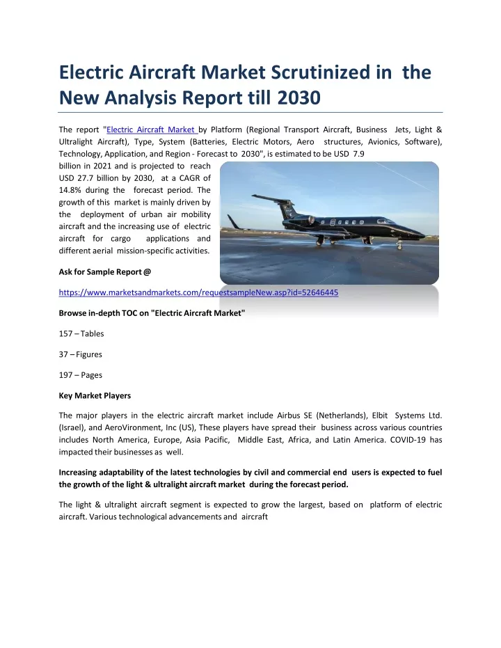 electric aircraft market scrutinized in the new analysis report till 2030