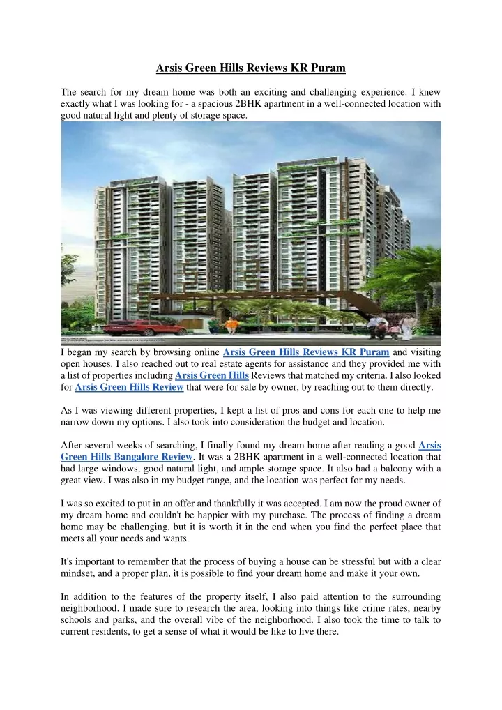 arsis green hills reviews kr puram