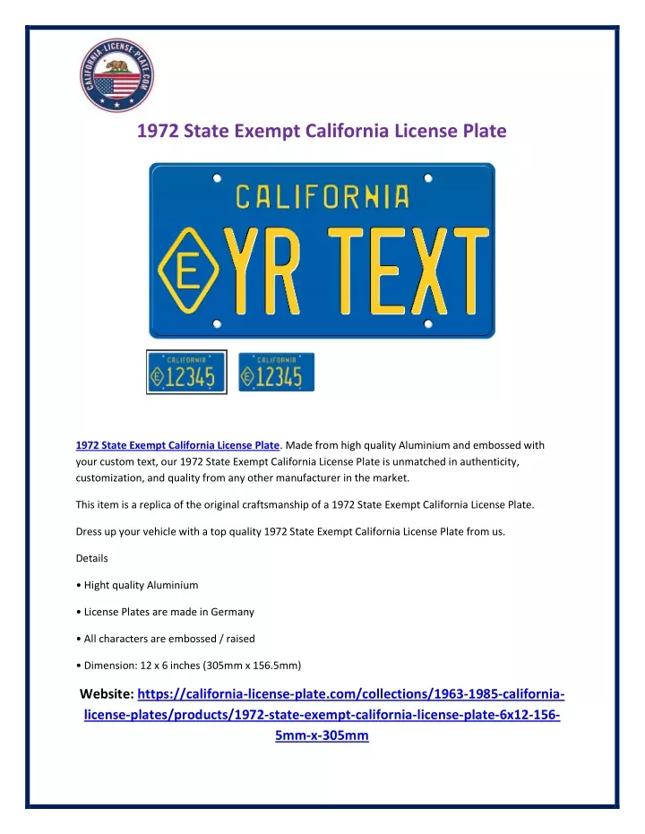 1972 state exempt california license plate