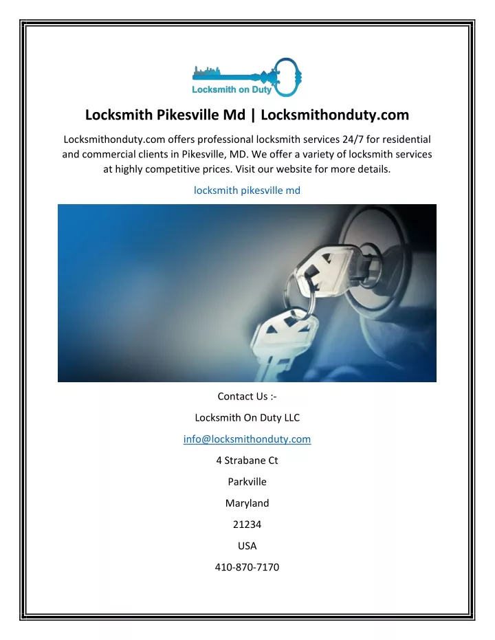 locksmith pikesville md locksmithonduty com