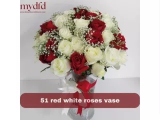 51 red white roses vase