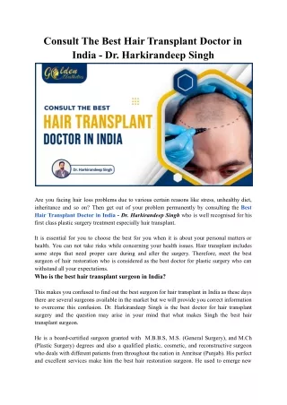 Consult The Best Hair Transplant Doctor in India - Dr. Harkirandeep Singh
