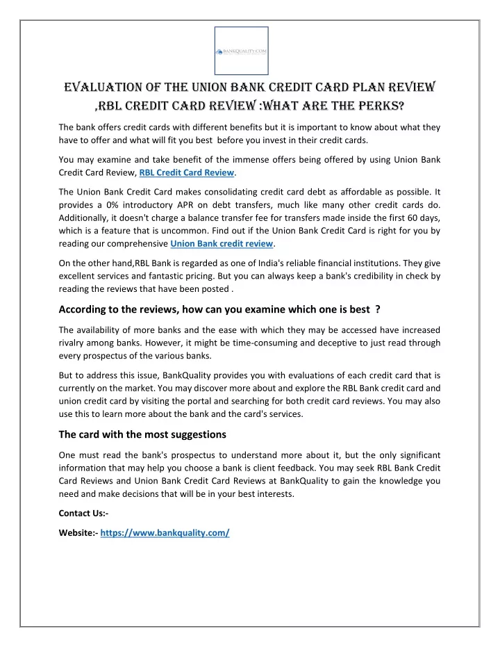 evaluation of the union bank credit card plan