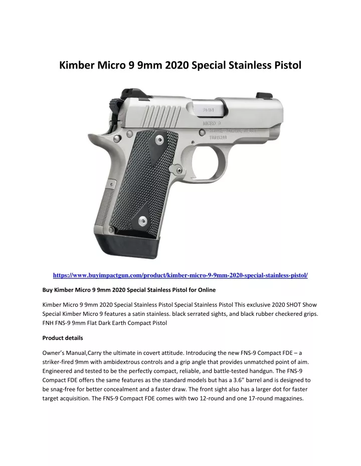 kimber micro 9 9mm 2020 special stainless pistol