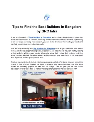 Tips to Find the Best Builders in Bangalore by GRC Infra