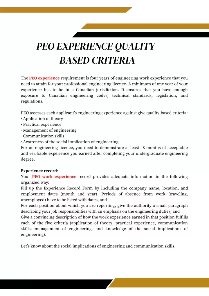 peo experience quality based criteria