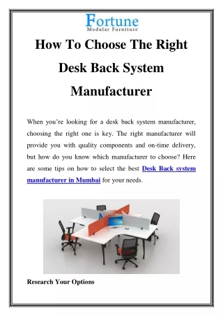 Desk Back System Manufacturer In Mumbai Call - 912222618352