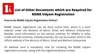 List of Other Documents which are Required for MSME Udyam Registration