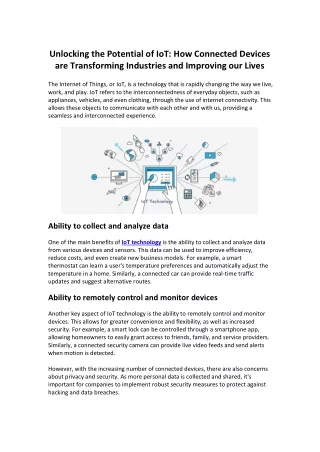 Unlocking the Potential of IoT How Connected Devices are Transforming Industries and Improving our Lives