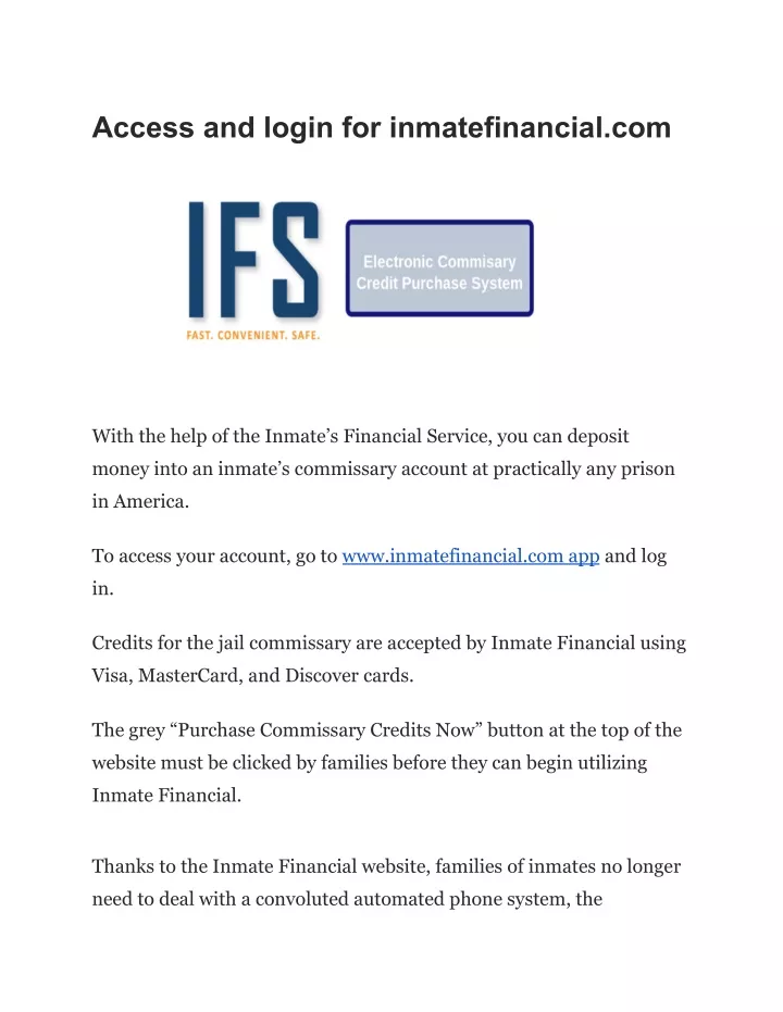 access and login for inmatefinancial com