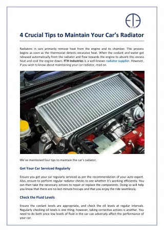 4 Crucial Tips to Maintain Your Car’s Radiator