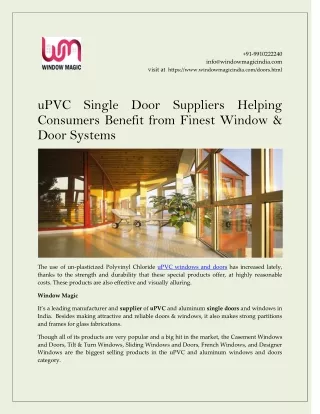uPVC Single Door Suppliers Helping Consumers Benefit from Finest Window & Door