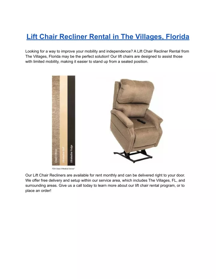 lift chair recliner rental in the villages florida