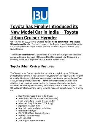 Toyota has Finally Introduced its New Model Car in India – Toyota Urban Cruiser Hyryder
