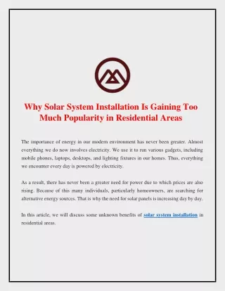 Why Solar System Installation Is Gaining Too Much Popularity in Residential Areas