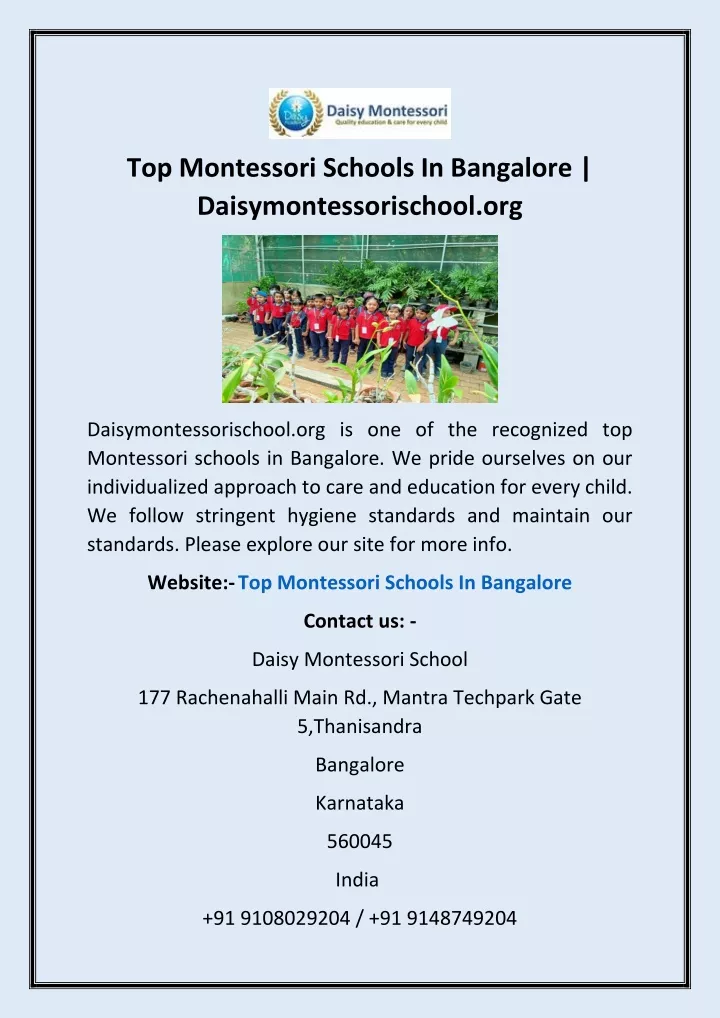top montessori schools in bangalore