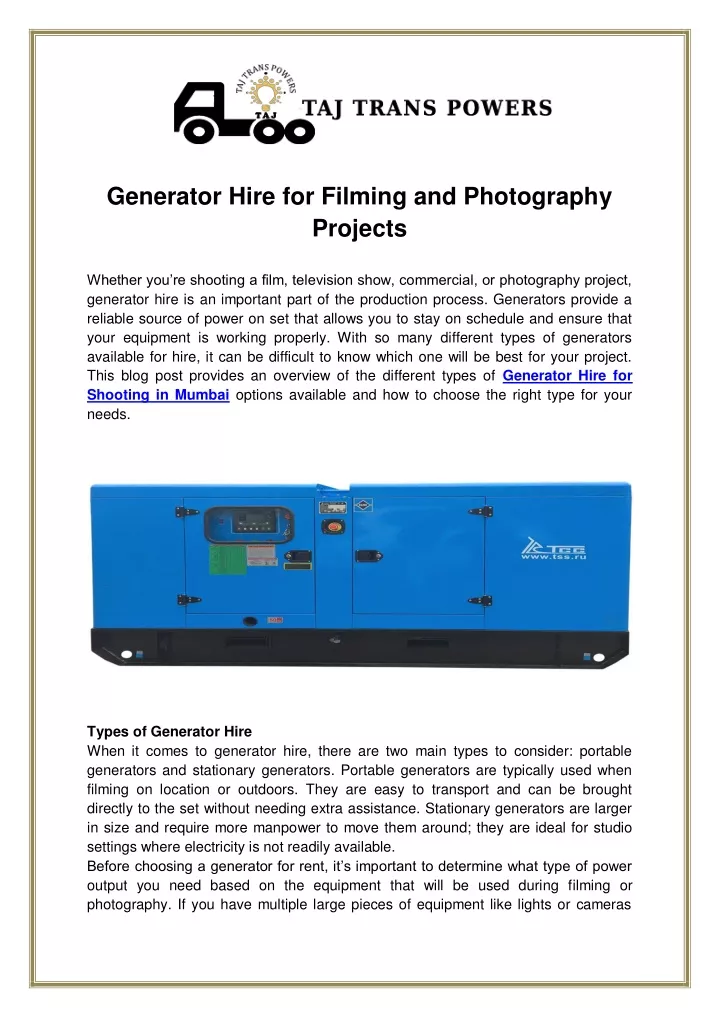 generator hire for filming and photography