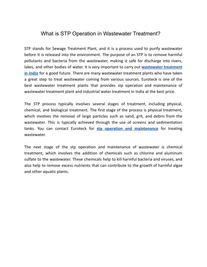 what is stp operation in wastewater treatment