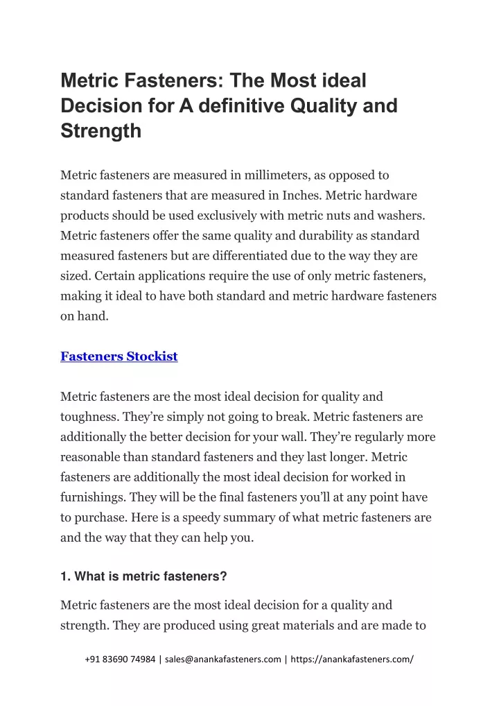 metric fasteners the most ideal decision