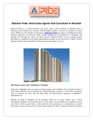 Mahavir Pride  Real Estate Agents And Consultant In Mumbai