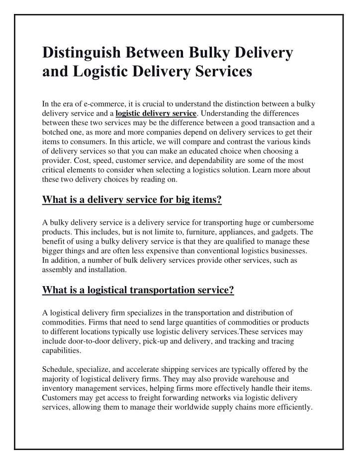 distinguish between bulky delivery and logistic