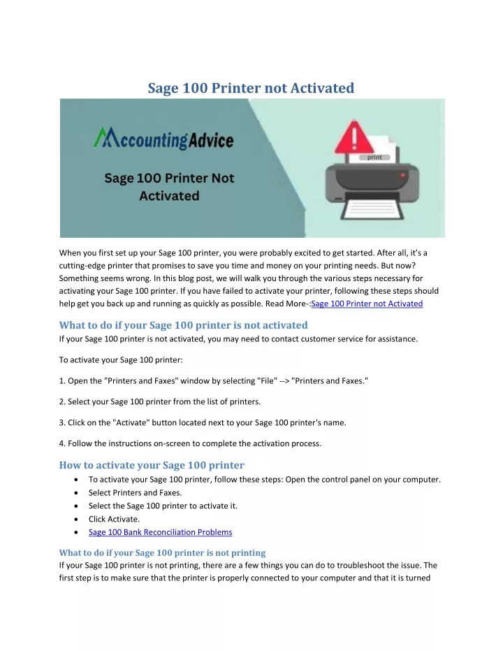 sage 100 printer not activated