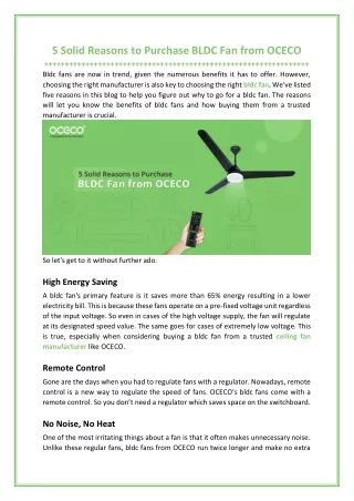 5 Solid Reasons to Purchase BLDC Fan from OCECO