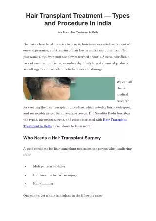 Hair Transplant Treatment — Types and Procedure In India
