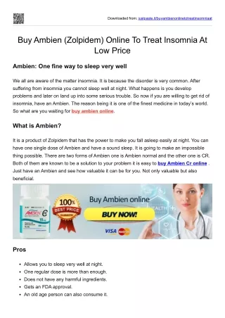 Buy Ambien (Zolpidem) Online To Treat Insomnia At Low Price